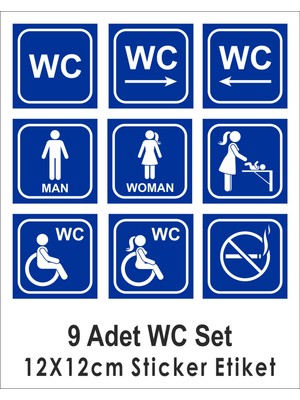 9 Lu Wc Seti Sticker Etiket Boyut 12X12 cm Kendinden Yapışkanlı Dış Mekana Uygun
