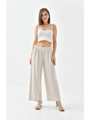 Fresh Moda Kadın Keten Beli Lastikli Rahat Bol Paça Pantalon
