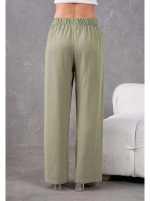 Fresh Moda Kadın Keten Beli Lastikli Rahat Bol Paça Pantalon