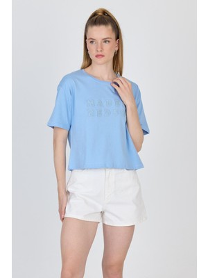 Bebe Mavi Yazı Nakışlı Crop Tişört 25259