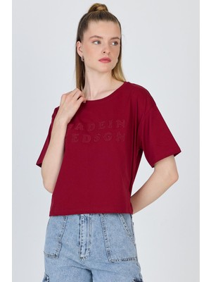 Bordo Yazı Nakışlı Crop Tişört 25259