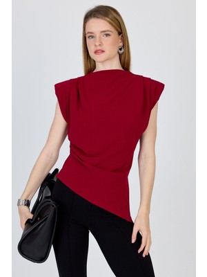 Bordo Vatkalı Asimetrik Kesim Kolsuz Bluz 242185