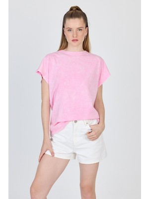 Şeker Pembe Yıkamalı Oversize Basic Tişört 253014