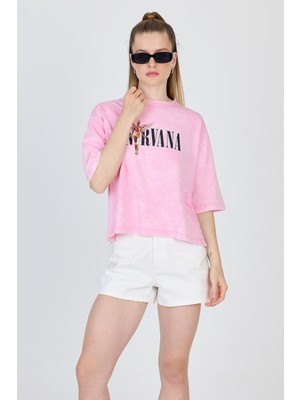 Şeker Pembe Yıkamalı Yazı Baskılı Tişört 253020