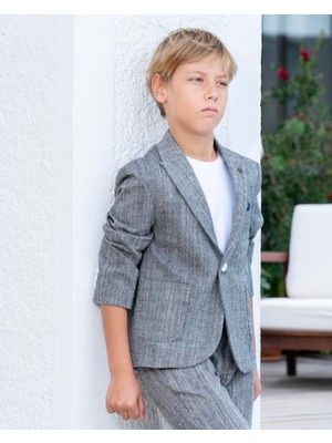 Erkek Çocuk Gri Takım Elbise Keten Spor Takım 3-14 Yaş Ceket Pantolon Tişort 3-14 Yaş