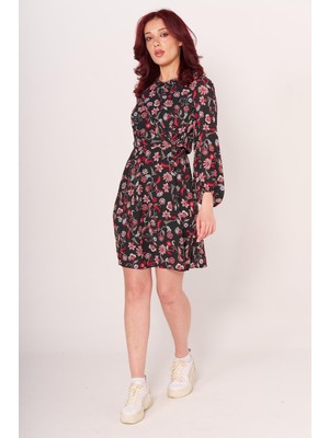 Br Bayan Desenli Kuşaklı U.kol Elbise 23Y Byg Siyah/çiçek/desenli