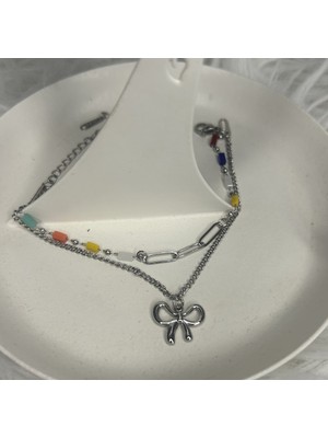 Badelis Çelik Silver Renkli Boncuk ve Fiyonk Detaylı Bileklik