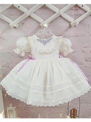 Hly Karol Tekstil Krem Lila Kurdaleli Vintage Kız Bebek Doğum günü elbisesi,0-12 Yaşa Uygun