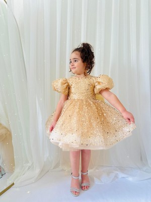 Altın Sarısı Taşlı Vintage Kız Bebek Elbise,doğum Günü Elbise,fotoğraf Çekim Elbise,1-11 Yaş Uygun