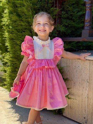 Defne Pembe Fiyonklu Vintage Kız Bebek Elbise,doğum Günü Elbise,fotoğraf Çekim Elbise,0-7 Yaş Uygun