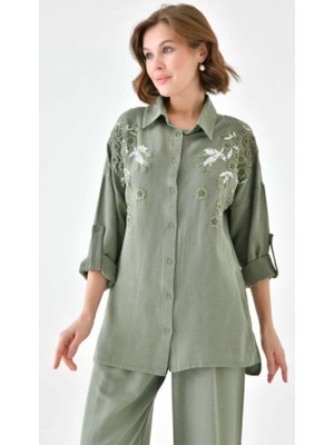 Fresh Moda Kadın Nakış Işlemeli Keten Oversize Düğmeli Gömlek