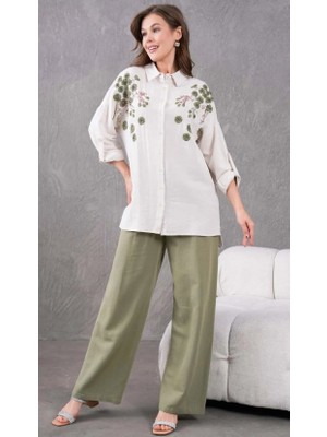 Fresh Moda Kadın Nakış Işlemeli Keten Oversize Düğmeli Gömlek