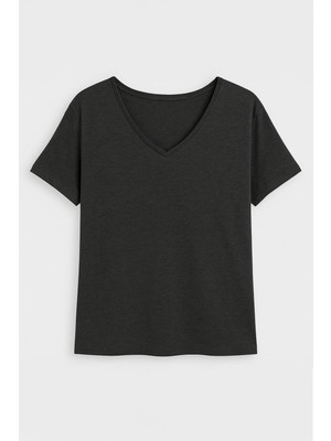 Kadın V Yaka Kısa Kollu Ince Esnek T-Shirt