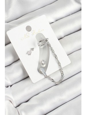 Pirinç Ok Figürlü Zirkon Taşlı Gümüş Renk 3'lü Kıkırdak Kadın Küpe Set - EBJ250530W34489