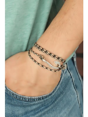 Krem Renk Çizgi Desenli Metal Kancalı Erkek Bileklik - Lisinya