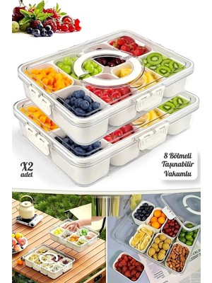 2'li 8 Bölmeli Kilit Kapaklı Taşınabilir Saklama Kabı Kahvaltılık Organizer Piknik Seti Gıda Kutusu