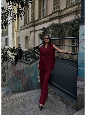 Kuşaklı Blazer Yelek Pantolon Ikili Takım