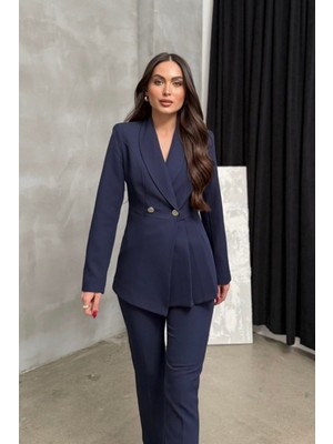 Kadın Ikili Blazer Ceket Pantolon Takım Pile ve Düğme Detaylı Boru Paça