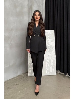 Kadın Ikili Blazer Ceket Pantolon Takım Pile ve Düğme Detaylı Boru Paça