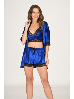 Saks Mavi Kadife Dantelli Sabahlık & Gecelik Takım 3' Lü - 1436 - Beden S/m Dpmah