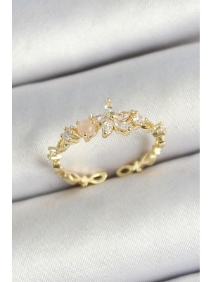 Pirinç Papatya Figürlü Zirkon Taşlı Gold Renk Ayarlanabilir Kadın Yüzük