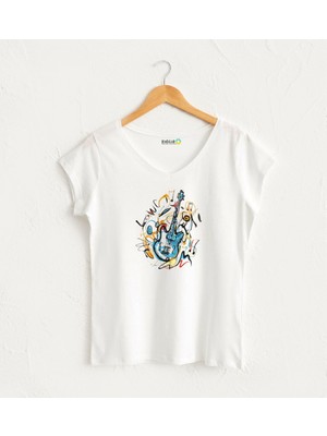 Gitar V Yaka Kadın Tasarım T-Shirt