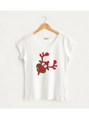 V Yaka Kadın Yılbaşı Tasarım T-Shirt