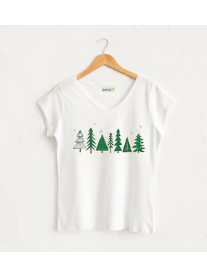 V Yaka Kadın Yılbaşı Tasarım T-Shirt