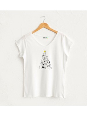 V Yaka Kadın Yılbaşı Kedili Tasarım T-Shirt
