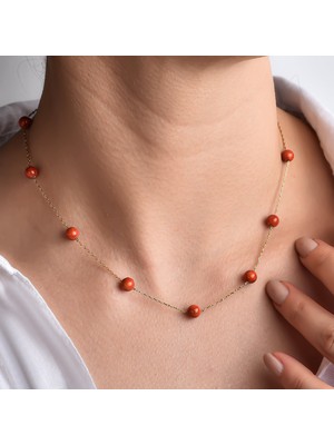 14 Ayar Altın Kaplama  Doğal  Mercan  Boncuk Gümüş Kolye - CNS00632