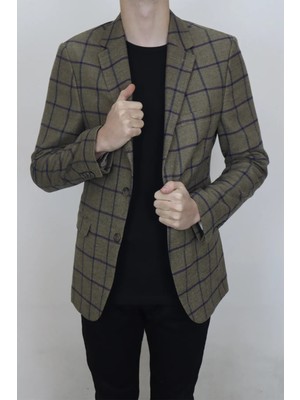 Moda Fistan Store Erkek Ekose Kareli Italyan Kesim Dar Kalıp Çift Düğme Kışlık Blazer Ceket