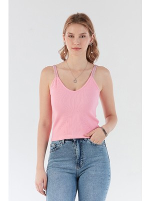 Fitilli Askıları Taş Detaylı V Yaka Bluz