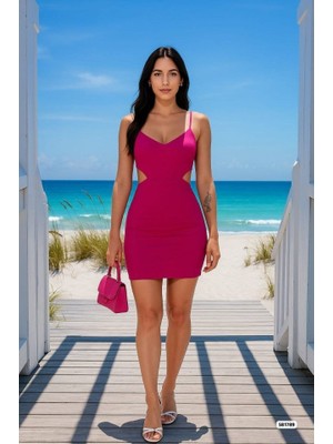 Passense Kadın Dalgıç Krep Kumaş Vücuda Oturan Yanları Açık V Yaka Askılı Mini Elbise