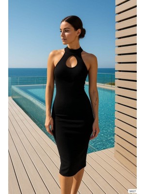 Passense Kadın Dalgıç Kumaş Dekolte Detaylı Halter Yaka Midi Boy Elbise