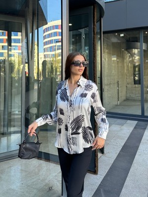 La Mode Istanbul Kadın Uzun Kollu Dijital Baskılı Salaş Saten Gömlek