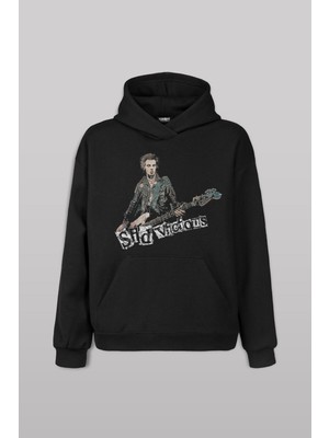 Siyah Sid Vicious  Pistols Bass Guitar Music Punk Ön Baskılı Sweatshirt Unisex Kapüşonlu Hoodie