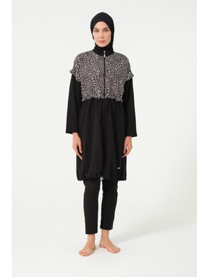 Büyük Beden Crop Detaylı Sporcu Tam Kapalı Tesettür Mayo 3015-25 Siyah