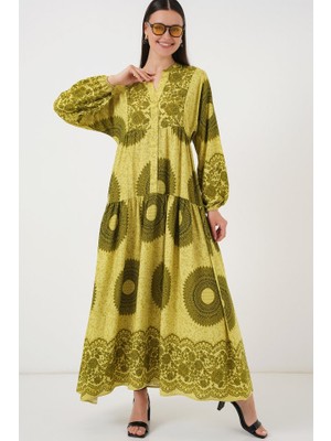 Gökyüzü Moda 2423 Otantik Desenli Tesettür Elbise - Yağ Yeşili 2