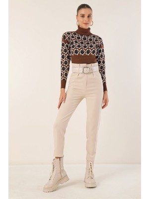 Passense 6556 Kemerli Kumaş Pantolon - Krem