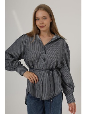 Passense Simli Çizgili Kemerli Gömlek - Lacivert