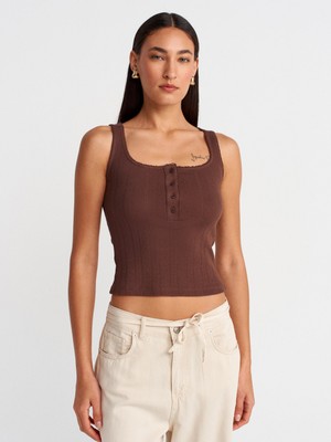 21069 Düğmeli Kare Yaka Top-Açık Kahve