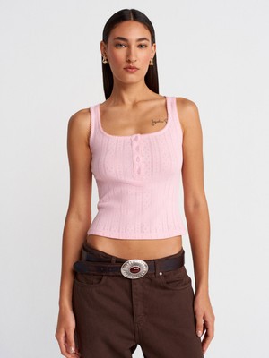 21069 Düğmeli Kare Yaka Top-Toz Pembe