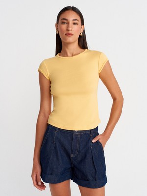 31779 Bisiklet Yaka Basic T-Shirt-Sarı