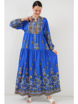 La Mode Istanbul 2423 Otantik Desenli Tesettür Elbise - Saks 1