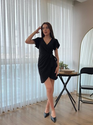 Alinn Butikk Kadın Kısa Kollu Kruvaze Yakalı Belden Bağlamalı Ithal Krep Elbise