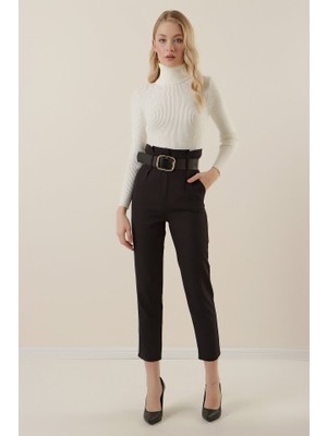 Gökyüzü Moda 6556 Kemerli Kumaş Pantolon - Siyah