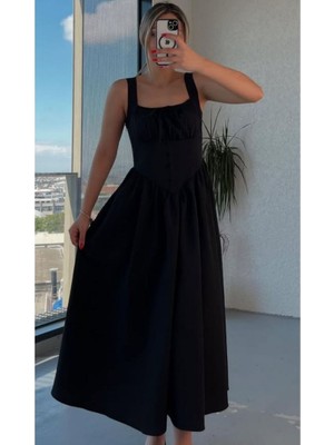 LS0000020 Bsm Askılı Bel Korse Düğme Detay Midi Elbise