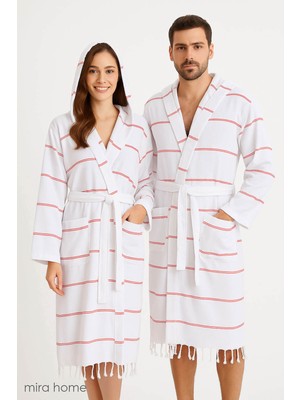 Mira Home Kapşonlu Unisex Beyaz Çizgili Banyo Deniz Plaj Peştemal Bornozu  Pamuklu