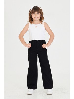 Lexsina Kız Çocuk Palazzo Jean Siyah Düz Geniş Paça Pantolon Beli Ayarlanabilir Lastikli LEXSİNA303 Denim