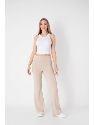 Star Besttrend Kadın Bej Scuba Comfort Yüksek Bel Bol Paça Pantolon